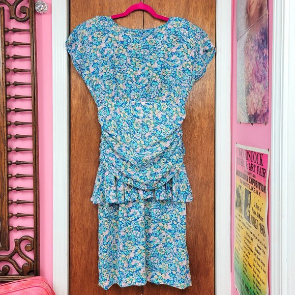 Vintage 80s Blue Multi Floral Print Peplum Wiggle Dress - Picture 6 of 9